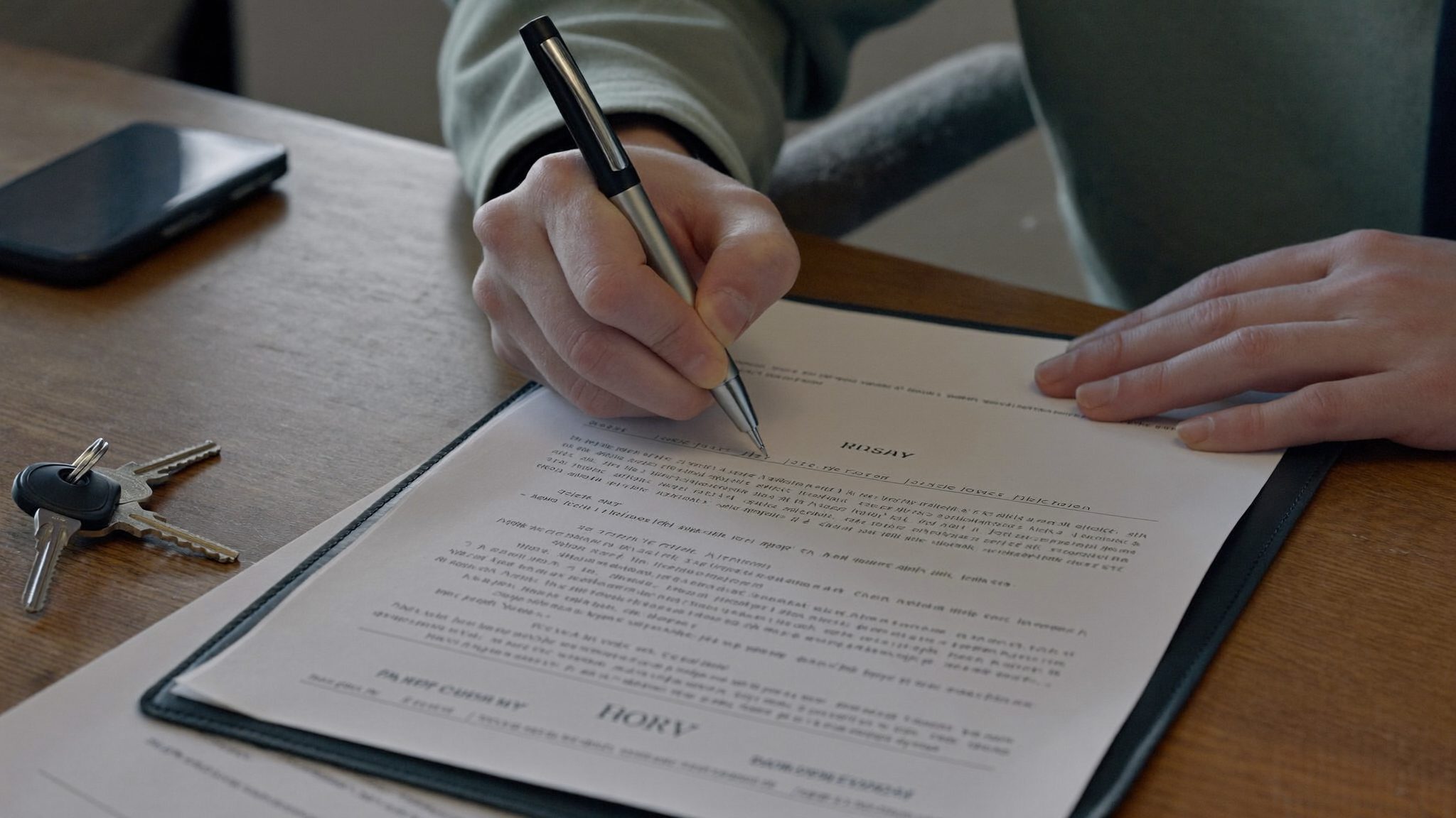 Penandatanganan dokumen properti di atas meja notaris